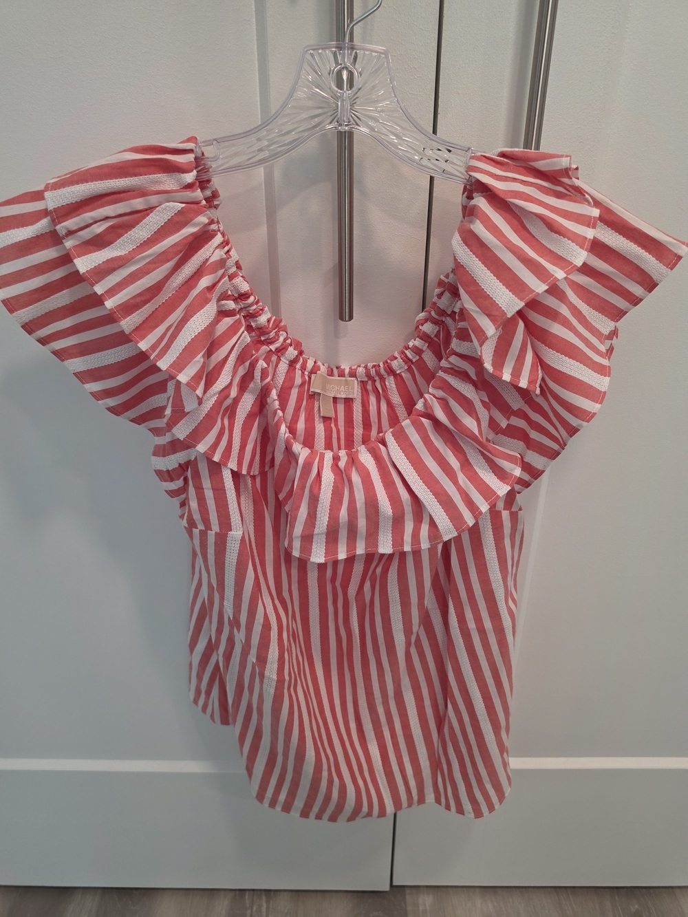 Michael Kors Pink and White Striped Ruffle Off-Shoulder Top Size L